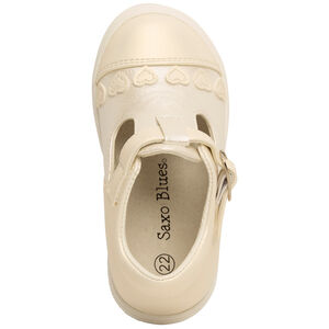 Merceditas efecto cuero nacarado con parches de corazones para bebé niña 