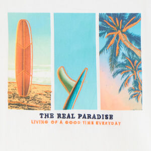 Camiseta de manga corta de jersey. Color blanco. Cuello redondo. Fotoprint con temática de playa y detalles bordados en el frontal. Espalda lisa. 