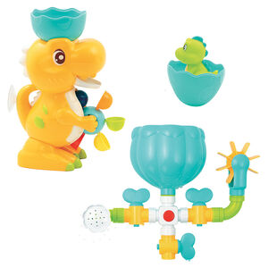 ¡Descubre este increíble circuito acuático lúdico para divertirse durante la hora del baño! El set incluye un simpático dinosaurio, un circuito de agua modulable y un mini dinosaurio rociador.  ¡Llena la copa del dinosaurio, cuando el agua fluye a través del mecanismo, sale por su boca y hace girar los molinos! ¡Vierte el agua en su concha y deja que la lluvia caiga en finas gotas! El mini dinosaurio rociador, diseñado especialmente para manos pequeñas, ¡permite a los peques de divertirse con el agua!  El circuito de agua reúne toda una red de tuberías equipadas con grifos y numerosas actividades para descubrir los efectos del agua. ¡Cuando el niño vierte el agua en el depósito y abre los grifos, todo el circuito se activa!  Las 9 piezas son intercambiables y permiten a los niños crear su propio recorrido. A medida que crecen, ¡les encantará pensar y encontrar instalaciones inusuales para probar su circuito de agua! ¡Deja volar su imaginación!  Sólido y práctico, el dinosaurio y el circuito de agua se pueden separar para convertirse en juguetes independientes. Estas actividades son fáciles de fijar a la pared de la bañera o en los azulejos con sus ventosas.  Al fijarse a la pared de la bañera, se puede utilizar tan pronto como el bebé puede mantenerse sentado en un anillo de baño. Este juego capta la atención de los pequeños y estimula la imaginación del bebé, así como su destreza.  Un pequeño consejo, asegúrate de limpiar bien las ventosas y fijarlas en una superficie limpia y lisa.  Características : Juguete para el baño  Juguete evolutivo  Piezas con ventosas para fijar en la pared de la bañera o los azulejos    Especificidades: Edad de uso: Adecuado para niños a partir de 10 meses Medidas del dinosaurio: 13,5 x 29,5 x 9,5 cm Medidas del circuito de agua: 31 x 25 x 9 cm Composición del dinosaurio: 100 % Polipropileno Composición del circuito de agua: Acrilonitrilo Butadieno Estireno (ABS) Composición del mini dinosaurio rociador: 100 % PVC Cuidados: Escurrir los juguetes después de su uso y enjuagar/lavar con agua clara regularmente 