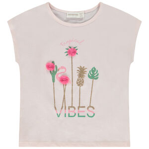 Camiseta de manga corta forma caja con estampado brillante para niña 