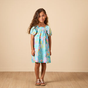 Vestido de niña con mangas cortas abullonadas y estampado exótico 