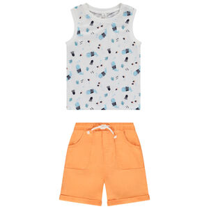 Conjunto bermuda lisa + camiseta sin mangas estampado marinero para bebé niño 