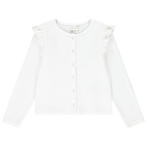 Gilet de manga larga uni en punto acanalado y volantes para niña  Main Gilet de manga larga uni en punto acanalado y volantes para niña