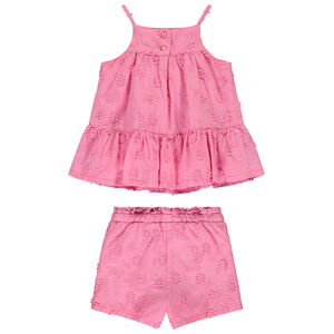 Conjunto de tirantes y short rosa con bordado inglés para bebé niña 