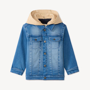 Chaqueta de mezclilla para bebé niño con capucha desmontable en contraste. 