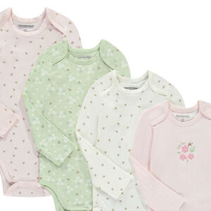 Pack de 7 bodies de manga larga con estampados de flores y abejas para bebé niña con diferentes tipos de apertura según la edad.  Main Pack de 7 bodies de manga larga con estampados de flores y abejas para bebé niña con diferentes tipos de apertura según la edad.