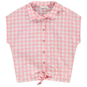 Blusa con efecto anudado de cuadros vichy para niña  Main Blusa con efecto anudado de cuadros vichy para niña