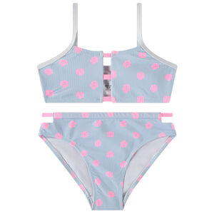 Maillot de baño 2 piezas a rayas + estampado flores rosas para niña 