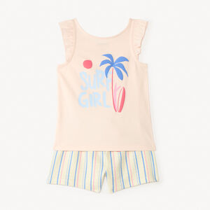 Conjunto de 2 piezas: camiseta sin mangas + pantalones cortos con estampado de surf para niña. 