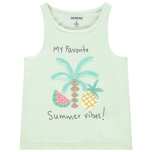 Camiseta sin mangas lisa con palmera bordada y flecos para niña  Main Camiseta sin mangas lisa con palmera bordada y flecos para niña