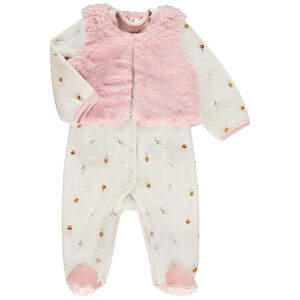 Pelele de terciopelo fantasía + chaleco rosa para bebé niña (aberturas diferentes según la edad)  Main Pelele de terciopelo fantasía + chaleco rosa para bebé niña (aberturas diferentes según la edad)