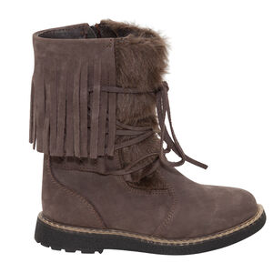 Botines de piel con lazada, pelo sintético y flecos 