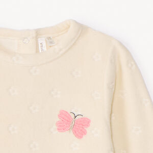 Pelele de terciopelo con efecto devorado y motivo de conejo para bebé niña con aperturas diferentes según la edad 