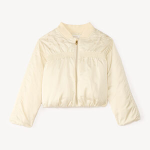 Chaqueta bomber para niña de tela con bordado floral. 