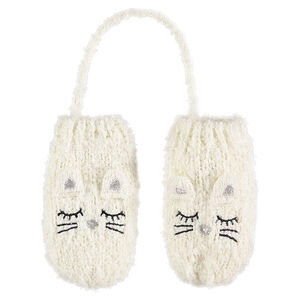 Manoplas de punto suave de color crudo con orejas de relieve y detalles bordados 