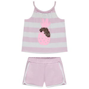 Conjunto camiseta sin mangas rayada fantasía con lentejuelas + short para niña  Main Conjunto camiseta sin mangas rayada fantasía con lentejuelas + short para niña