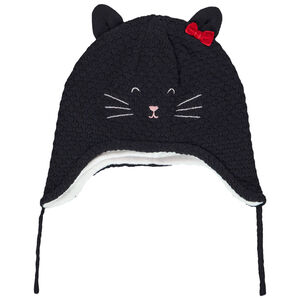 Gorro de punto con forro de sherpa, bordados de gato y lazo decorativo para bebé niña. 