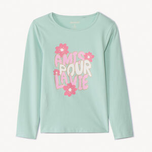 Camiseta de manga larga con estampado fantasía y detalles brillantes para niña 