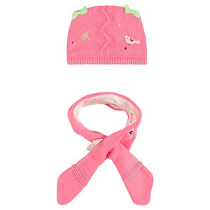 Ensemble bonnet et écharpe en tricot avec broderies et noeuds fantaisie 