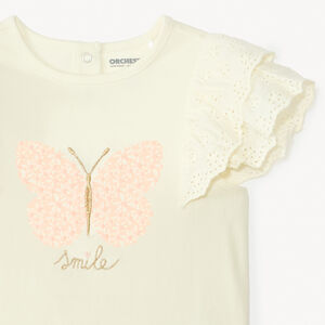 Camiseta de manga corta con bordado inglés de mariposas niña bebé. 