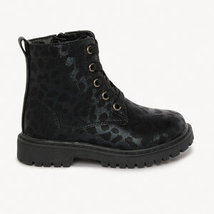 Bottillons noirs à lacet et zip imprimé léopard pour fille  