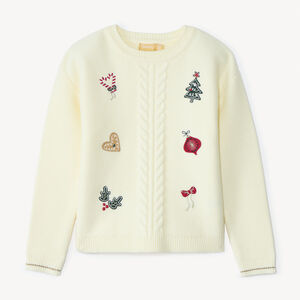 Pull manches longues en tricot fantaisie et broderie Noël pour fille   Main Pull manches longues en tricot fantaisie et broderie Noël pour fille
