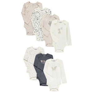 Pack de 7 bodies de manga larga con diseños variados para bebé niña, con diferentes aberturas según la edad. 