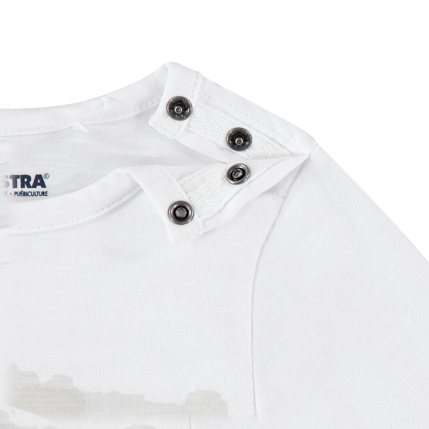 Camiseta de manga corta de algodón ecológico con gato estampado y cuello con botones a presión 