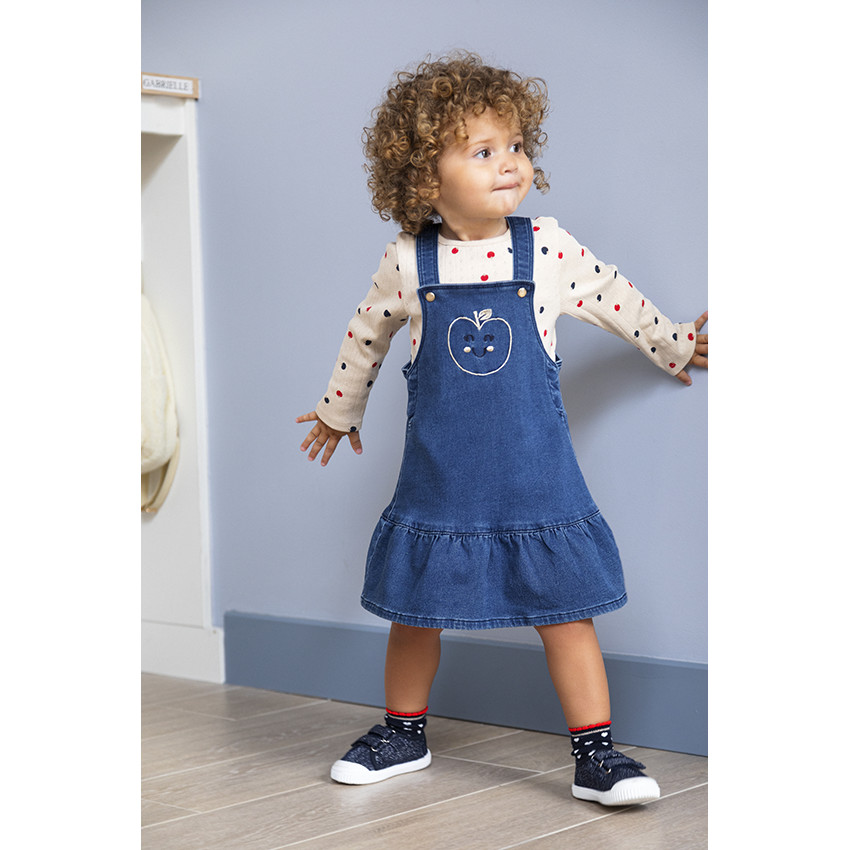Vestido de tirantes en denim con bordado de manzana para bebé niña 