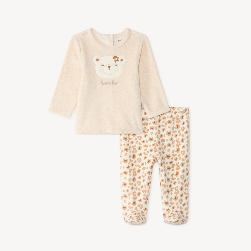 Pijama de 2 piezas para bebé niña con bordado de osito. 