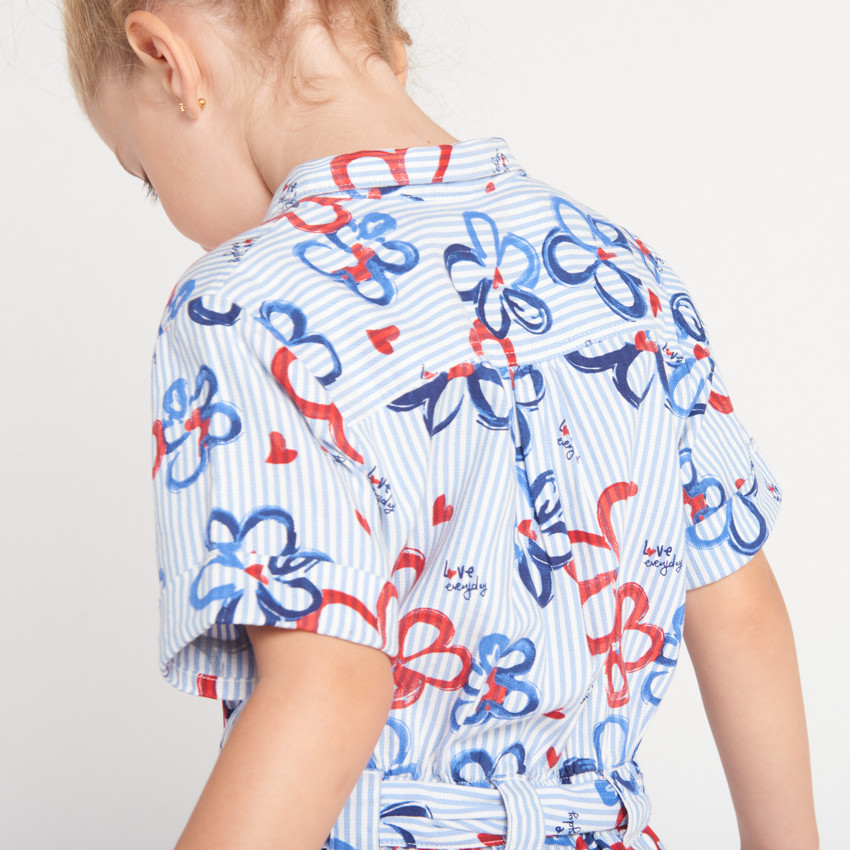 Vestido camisa de manga corta con estampado de flores y rayas para niña 