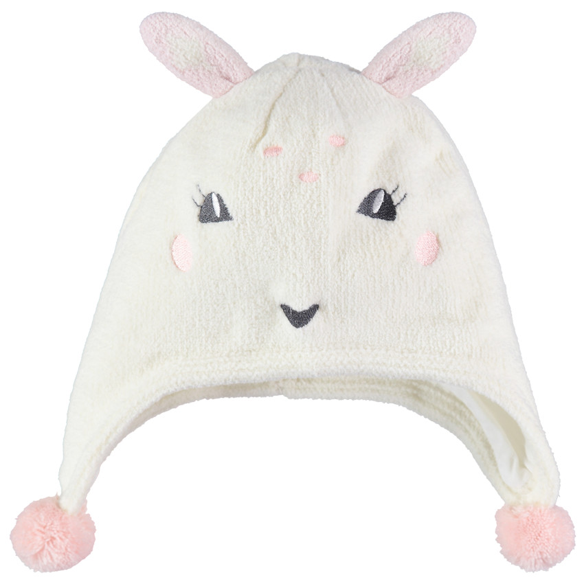 Gorro con orejas de conejo y pompones forrado de jersey 