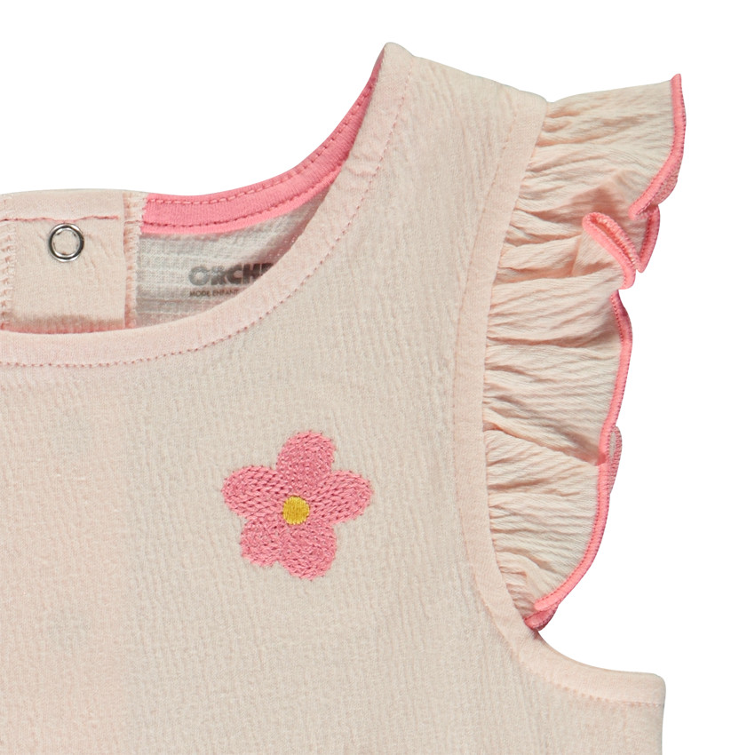Combishort efecto arrugado con flor bordada para bebé niña 