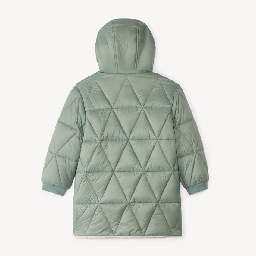 Plumífero largo reversible de dos materiales para niña 