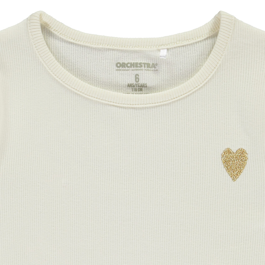 Camiseta de manga corta de punto acanalado con corazón bordado para niña 