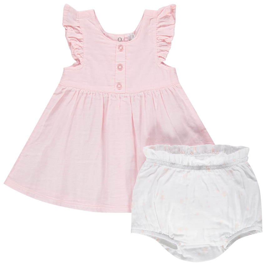 Conjunto con vestido de manga corta con volantes y bloomer 