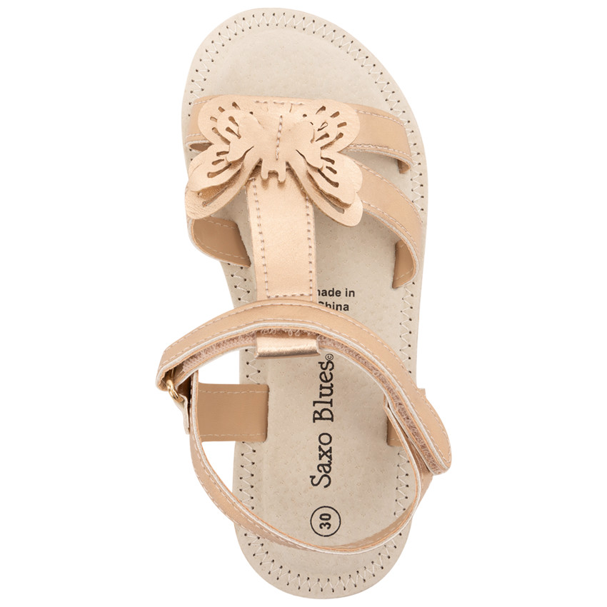 Sandalias abiertas rosas y doradas con parche de mariposa para niña 