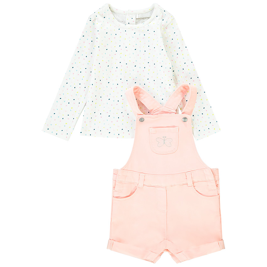 Ensemble t-shirt en maille côtelée + salopette courte pour bébé fille Main Ensemble t-shirt en maille côtelée + salopette courte pour bébé fille