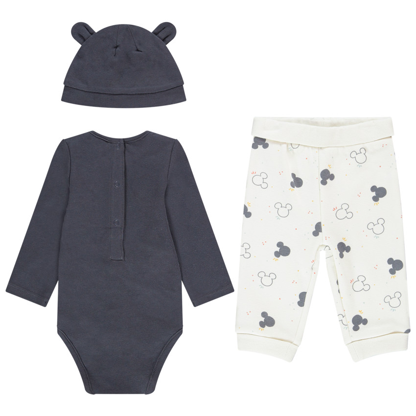 Conjunto en algodón con gorrito + bodi + pantalón con estampado de Mickey Mouse de Disney para bebé niño 