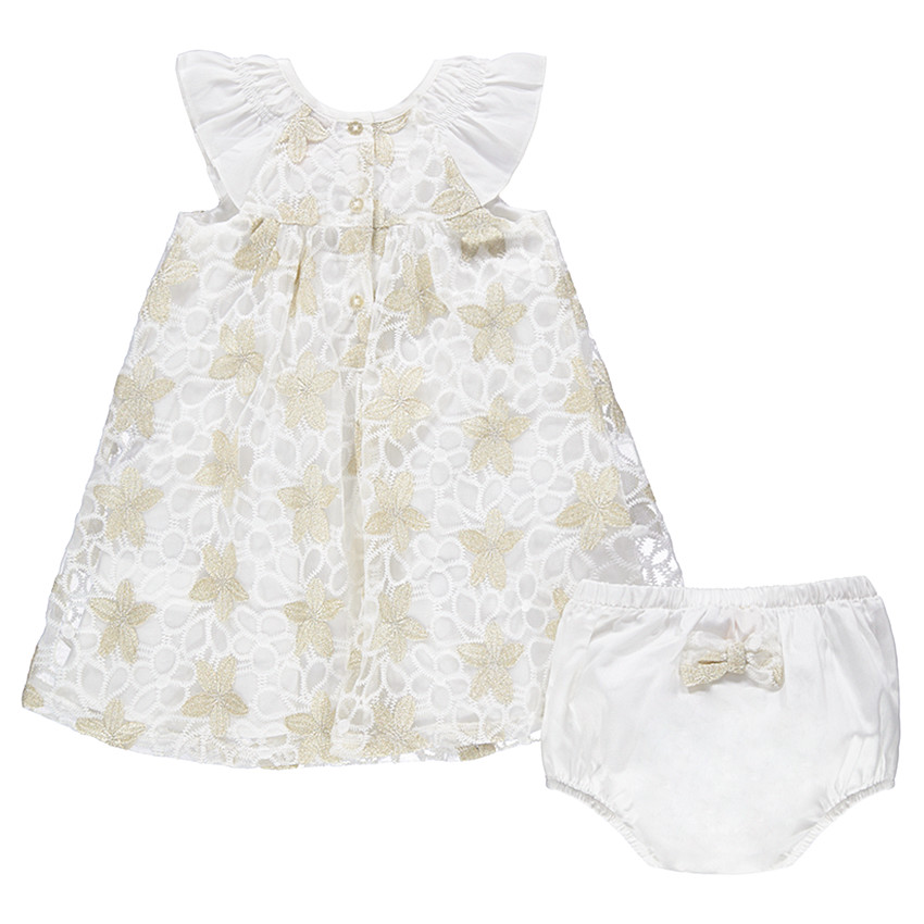 Vestido de fiesta de encaje con flores doradas y bloomer liso 