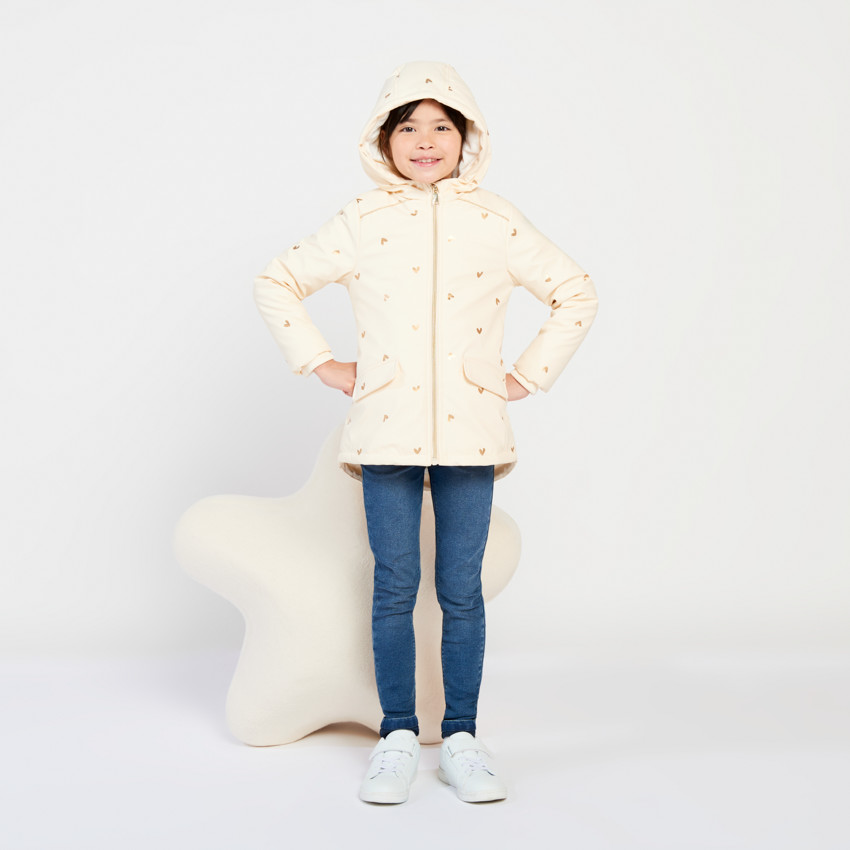 Parka de goma y terciopelo con estampado de corazones iridiscentes para niña 