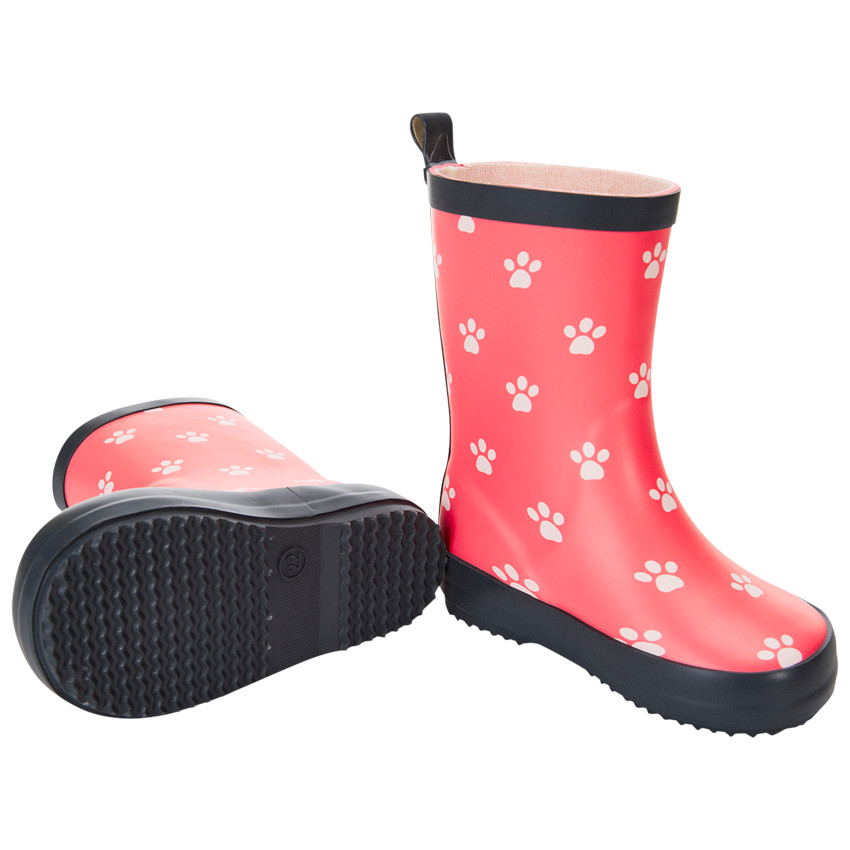 Botas de agua de caucho con parte superior impermeable y estampado de huellas para niña. 