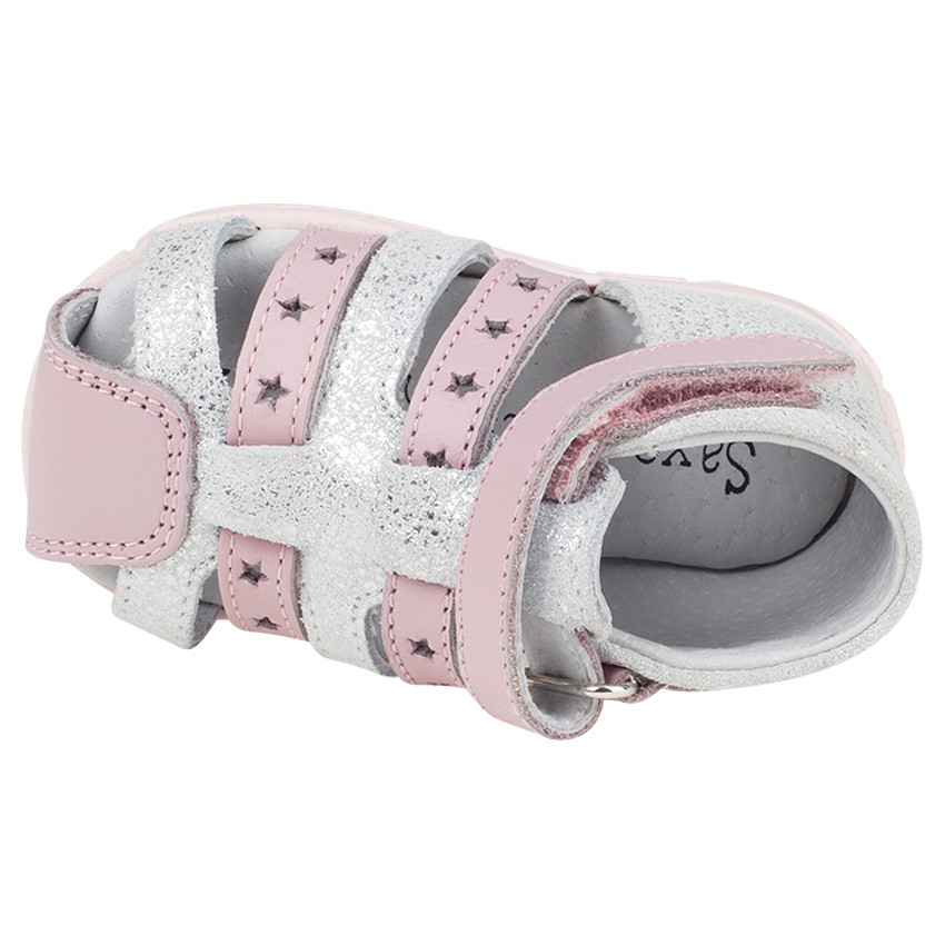 Zapatos descubiertos con velcro de cuero con estrellas de color plateado y rosa 