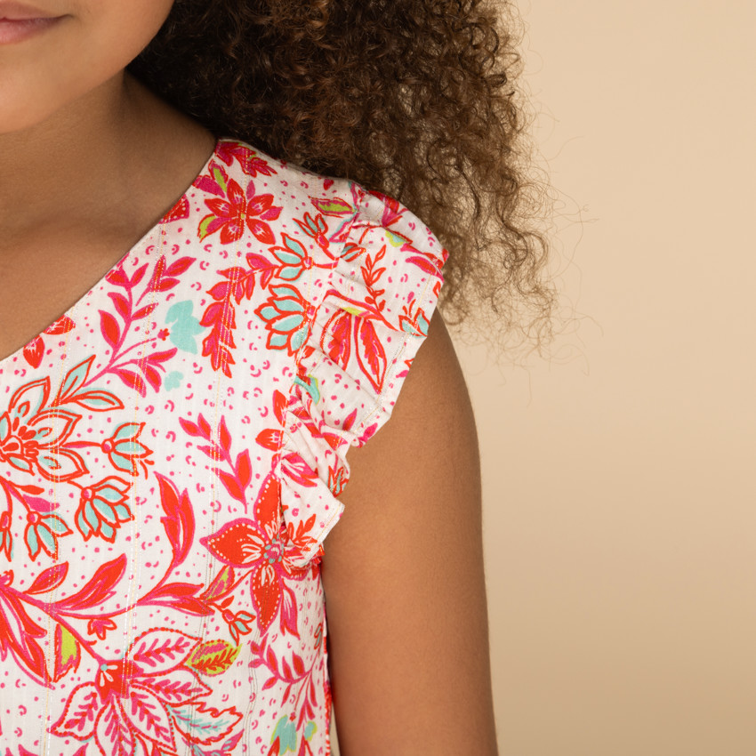 Vestido de manga corta con botones y estampado vegetal niña 