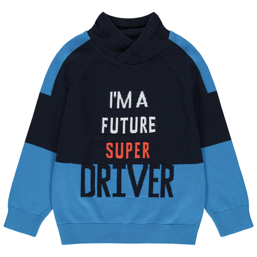 Jersey de punto con cuello cruzado e inscripciones de jacquard 