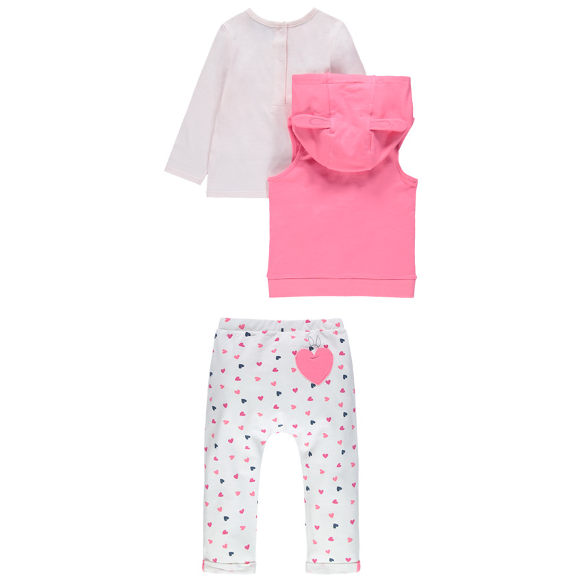 Chándal de 3 piezas de algodón ecológico con corazones y conejos estampados 