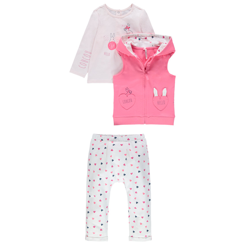 Chándal de 3 piezas de algodón ecológico con corazones y conejos estampados 