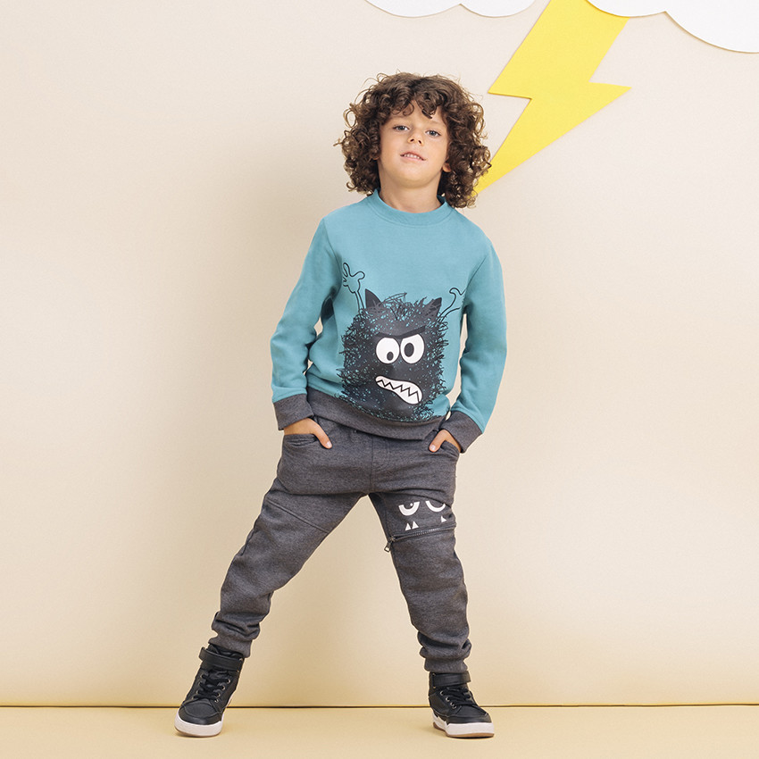 Jogging en molleton bicolore à monstres printés 