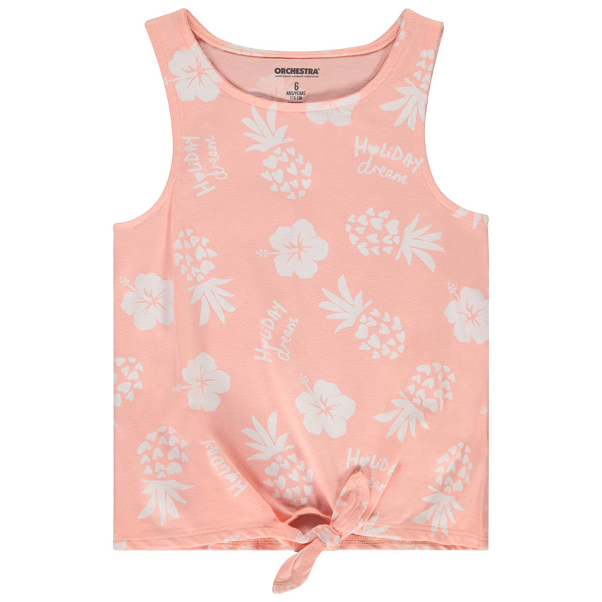 Camiseta sin mangas coral con estampado fantasía y nudo decorativo para niña 