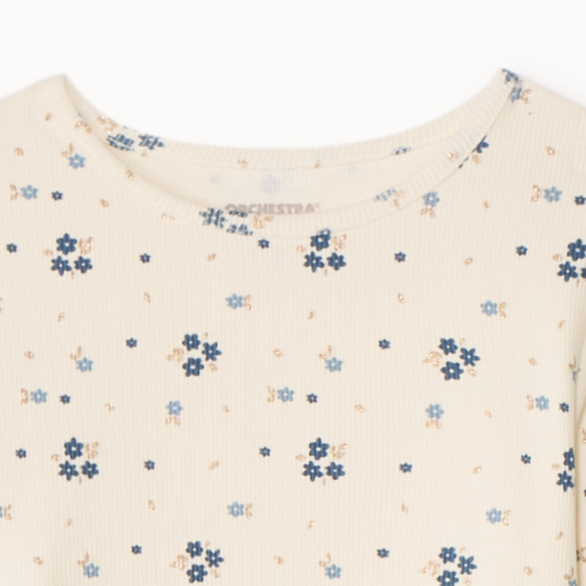 Conjunto de pijama largo de canalé con estampado de flores para niña 